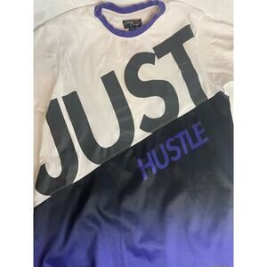 Men's Medium JUST HUSTLE Shirt Colorblock GUC Purple White Black
